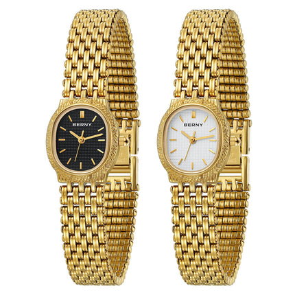 BERNY Orologio al quarzo da donna Cinturino in acciaio inossidabile dorato Orologio da polso ellittico di lusso Orologio da donna semplice retrò impermeabile platinumshop