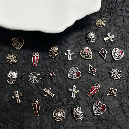 20PCS Alloy Dark Gothic Style Cross Skull Nail Art Decoration Punk Spider Web Coffin Nail Charm Accessories for DIY Crafts