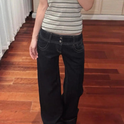 Jeans a gamba larga americani retrò a vita bassa da donna estate autunno pantaloni larghi drappeggiati alti lunghezza estesa pantaloni a gamba larga per ragazze calde