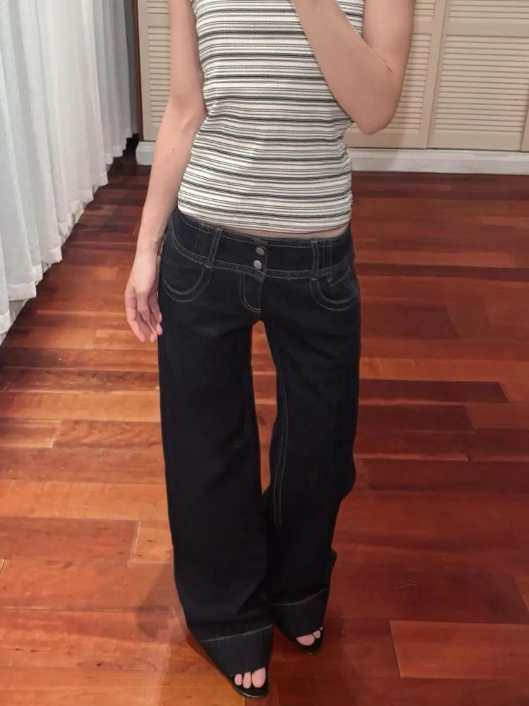 Jeans a gamba larga americani retrò a vita bassa da donna estate autunno pantaloni larghi drappeggiati alti lunghezza estesa pantaloni a gamba larga per ragazze calde