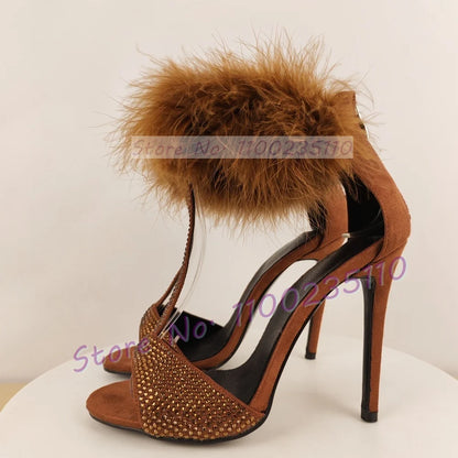 Chocolate Rhinestone T Strap Sandals Women Trendy Real Turkey Feather Ankle Strap Luxury Shoes Glittery Party High Heels Sandals