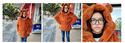 Cosy Loose Faux Fur Coat Womens Faux Fur Fuzzy Hooded Fluffy Ears Surcoat Overcoat Woman Winter Warm Outerwear Snowy Day Wrap
