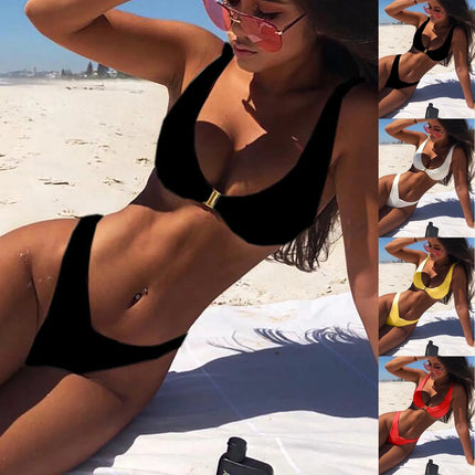 Muslimmuslimlim's Sexy muslimah Fashion tinta unita costumi da bagno donna vita alta Gold Lock Bikini Sexy Beachwear costume da bagno platinumshop