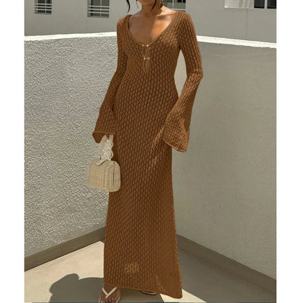 Nuovo stile lavorato a maglia scava fuori scollo a V abito a maniche lunghe da donna vacanza al mare bikini senza schienale copricostume protezione solare abito lungo platinumshop