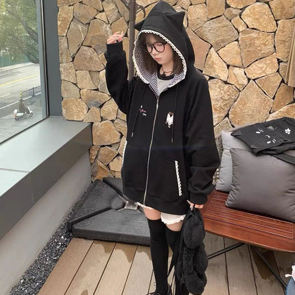 Ropa Mujer Japanese Cute Hoodies Coats Cute Cat Print Hooded Sweatshirts Y2K Tops Women Clothing Casual Zipper Loose Hoodie