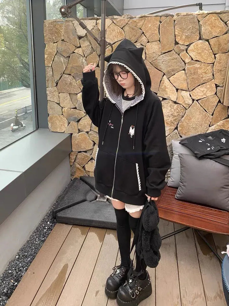 Ropa Mujer Japanese Cute Hoodies Coats Cute Cat Print Hooded Sweatshirts Y2K Tops Women Clothing Casual Zipper Loose Hoodie