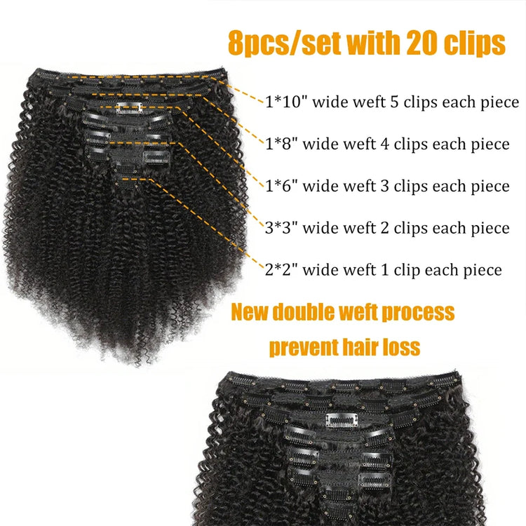 Afro Kinky Curly Clip in Hair Extensions Human Hair 12A Brazilian Hair Water Wave Clip Ins 120g Natural Black 8Pcs/Set Full Head