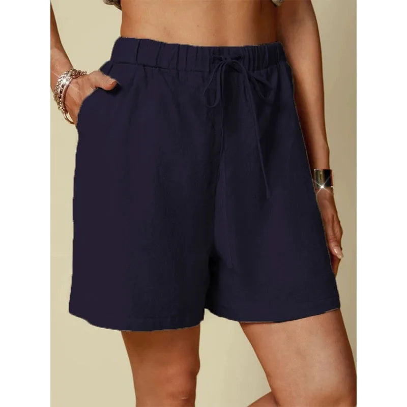 Independent website wish Amazon new style pure color loose casual elastic waist lace-up shorts for women