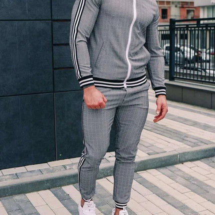 2025 Men Tracksuit 2pc Set Gym Hiking Plaid Zipper Hoodie Cargo Pants Autumn Athleisure Outfit Fleece Jogger Sportswear PlatiNum