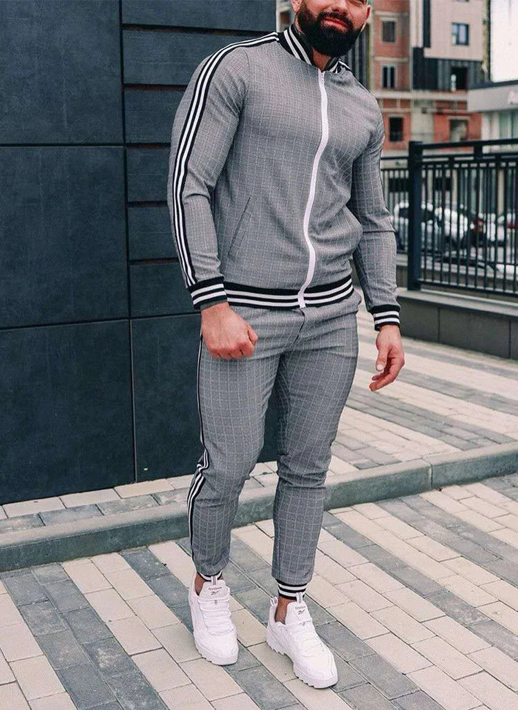 2025 Men Tracksuit 2pc Set Gym Hiking Plaid Zipper Hoodie Cargo Pants Autumn Athleisure Outfit Fleece Jogger Sportswear PlatiNum