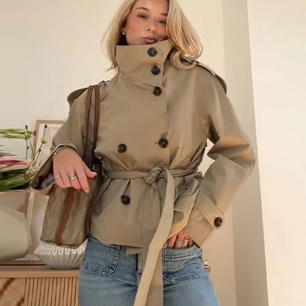 Belted Waist Cropped Trench Jackets Women Double Breasted Stand Collar Coats 2025 Autumn Chic Casual Vintage Jacket Women Cloth