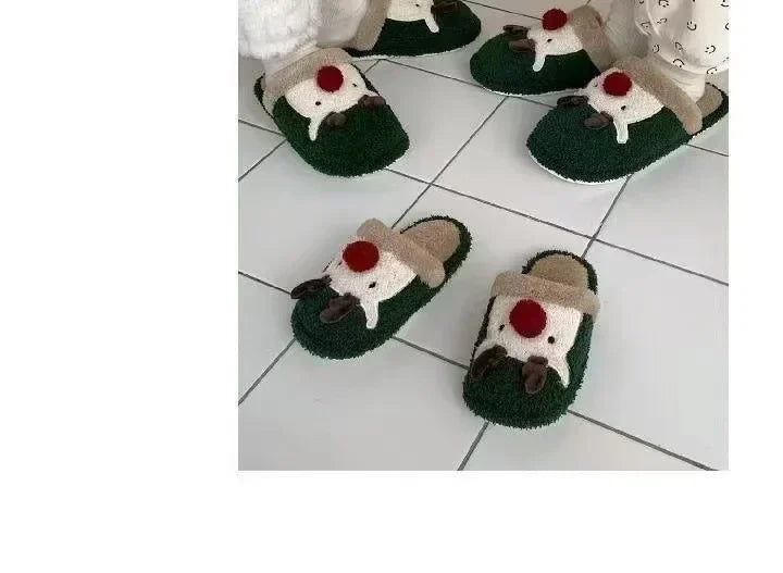 Winter Christmas Women Home Slippers Men Indoor Soft Non-slip Sandals Couples Warm Plush Flat Slides Adults Unisex Lovely Shoes