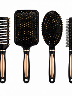 Set of 4 Professional Hair Brushes in Black and Gold, Hairdressing Kit with Paddle, Round, Oval and Ventilated Brushes for Detangling and Styling All Hair Types