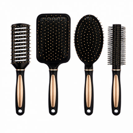 Set of 4 Professional Hair Brushes in Black and Gold, Hairdressing Kit with Paddle, Round, Oval and Ventilated Brushes for Detangling and Styling All Hair Types