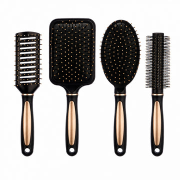 Set of 4 Professional Hair Brushes in Black and Gold, Hairdressing Kit with Paddle, Round, Oval and Ventilated Brushes for Detangling and Styling All Hair Types