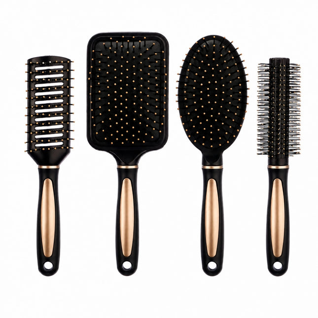 Set of 4 Professional Hair Brushes in Black and Gold, Hairdressing Kit with Paddle, Round, Oval and Ventilated Brushes for Detangling and Styling All Hair Types