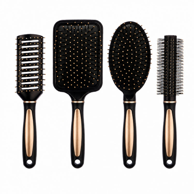 Set of 4 Professional Hair Brushes in Black and Gold, Hairdressing Kit with Paddle, Round, Oval and Ventilated Brushes for Detangling and Styling All Hair Types