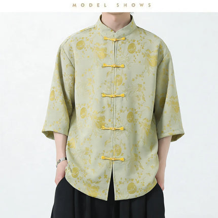 Camicie Estive da Uomo in Stile Cinese Tradizionale, Camicia Casual Kung Fu Tai Chi, Camicia di Lusso Jacquard Traspirante a Maniche Corte