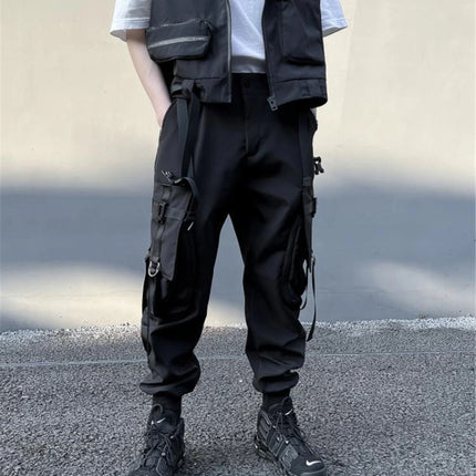 Hip Hop Tactical Cargo Pants Men Multi Pocket Ribbon Design Joggers Trousers 2023 Spring Functional Elastic Waist Pant Black