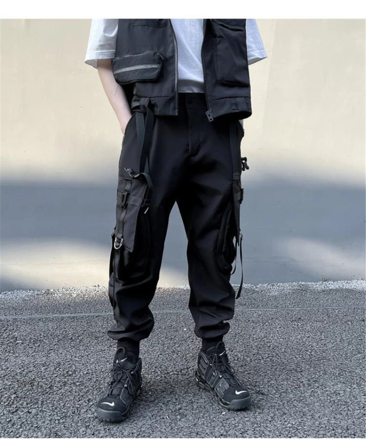 Hip Hop Tactical Cargo Pants Men Multi Pocket Ribbon Design Joggers Trousers 2023 Spring Functional Elastic Waist Pant Black