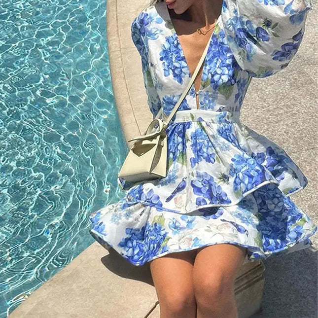Elegant and Stylish Women's Floral Print Mini Dress Chic V-neck Puff Long Sleeve Double Layer Ruffle Mini Dress 2024 Autumn New