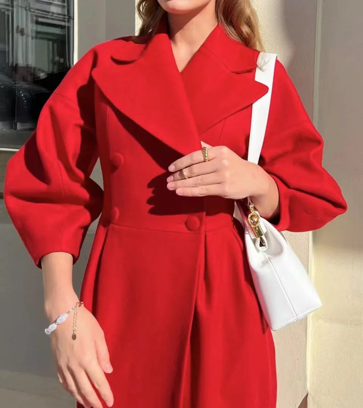 European American Retro Court Style Wool Coat, Long Length with Big Lapel & Lantern Sleeves, New Autumn Winter Outerwear