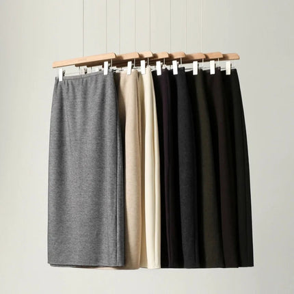 Birdtree Cashmere Silk Blended Skirt For Woman,Elastic Waist Long Skirts,Rear Slit,Commuting Style,2025 Autumn Winter D5N418JF PlatiNum