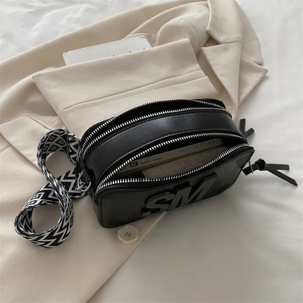 Chic SM Letter Camera Bags, Stylish Women’s Crossbody Small Square Purses with Wide Patterned Straps, Perfect for Daily Casual PlatiNum