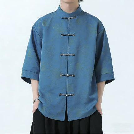Camicie Estive da Uomo in Stile Cinese Tradizionale, Camicia Casual Kung Fu Tai Chi, Camicia di Lusso Jacquard Traspirante a Maniche Corte
