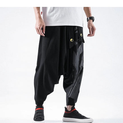 Pantaloni alla moda da uomo Samurai giapponese Ukiyo-e Cintura con stampa Pantaloni stile harem da uomo in cotone e lino Casual Oversize Harajuku Pantaloni a gamba larga da uomo