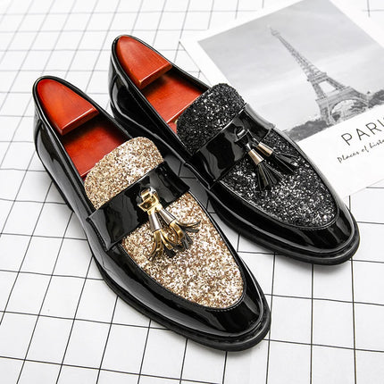 Mocassini di Lusso da Uomo con Tacco Basso, Slip-on Casual in Pelle Dorata, Scarpe da Festa con Nappe, Scarpe Eleganti da Uomo, Scarpe con Plateau da Uomo