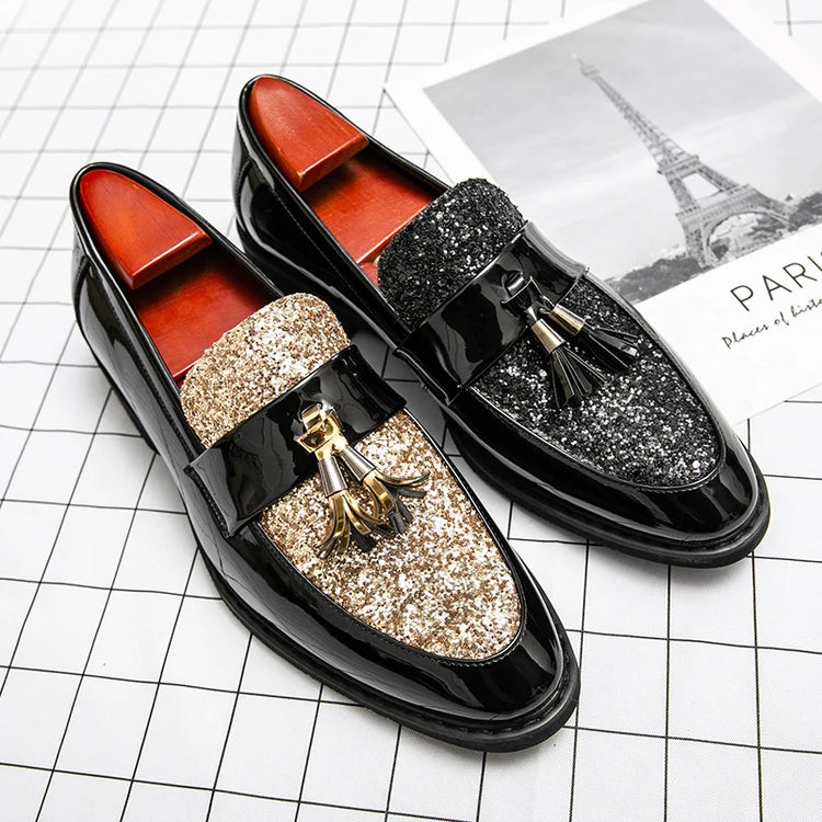 Mocassini di Lusso da Uomo con Tacco Basso, Slip-on Casual in Pelle Dorata, Scarpe da Festa con Nappe, Scarpe Eleganti da Uomo, Scarpe con Plateau da Uomo