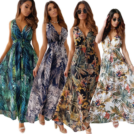 Abito da spiaggia da donna senza schienale con allacciatura Abito da spiaggia sexy con scollo a V Boho Abiti lunghi estivi Elegante stampa senza maniche Lady Maxi Dress Vestidos