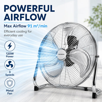 DICTROLUX Ventilatore da Pavimento in Metallo 51cm, 120W, 3 Velocità, 90° di Rotazione °   Inclinazione Regolabile 91m³/min 220-240V