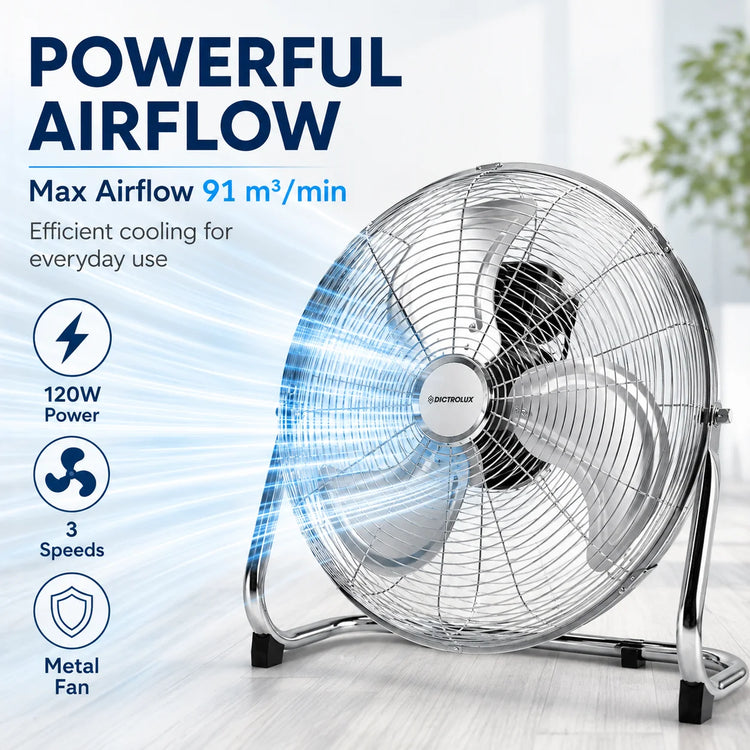 DICTROLUX Ventilatore da Pavimento in Metallo 51cm, 120W, 3 Velocità, 90° di Rotazione °   Inclinazione Regolabile 91m³/min 220-240V