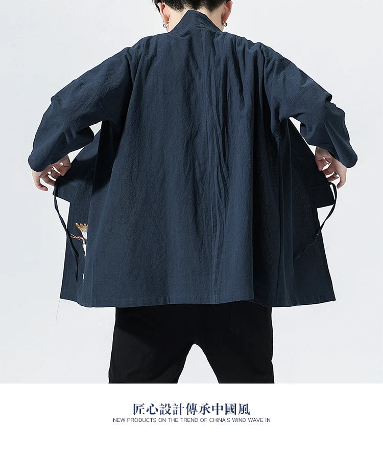 Camicie gru ricamate stile cinese retrò cotone lino Tang vestito Cardigan Mens tradizionale Kung Fu Tai Chi Casual Top camicette
