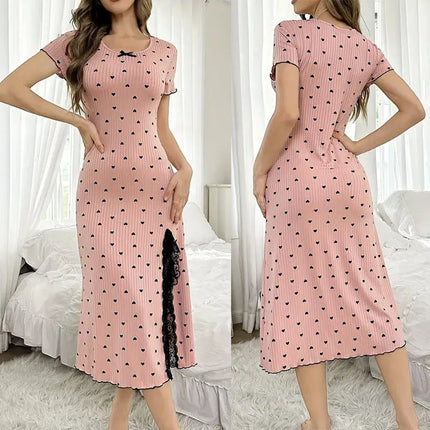 Camicia da notte sexy in maglia a costine per donna Abito da notte midi aderente con stampa a cuore con pigiama a maniche corte con spacco alto in pizzo Nuovo caldo