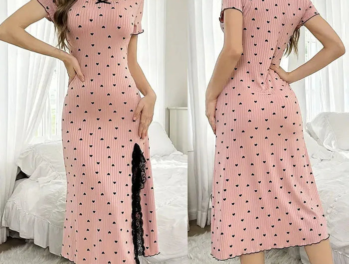 Camicia da notte sexy in maglia a costine per donna Abito da notte midi aderente con stampa a cuore con pigiama a maniche corte con spacco alto in pizzo Nuovo caldo