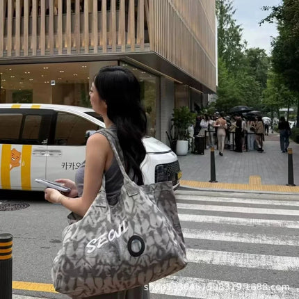 Grande borsa tote in tessuto stampato, manici lunghi, borsa capiente per lo shopping quotidiano e viaggi casual