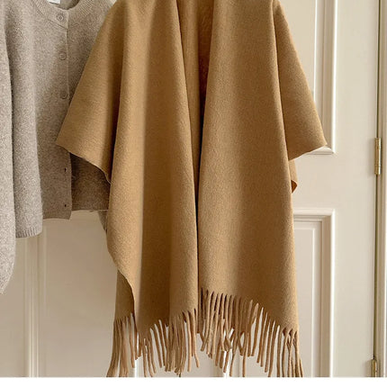 Women Split‑Open Woolen Tassel Poncho Shawl Thick Warm Cape Coat Autumn Winter Travel Photography Outer Wrap