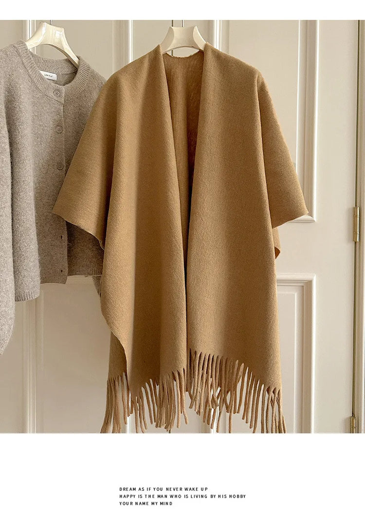 Women Split‑Open Woolen Tassel Poncho Shawl Thick Warm Cape Coat Autumn Winter Travel Photography Outer Wrap
