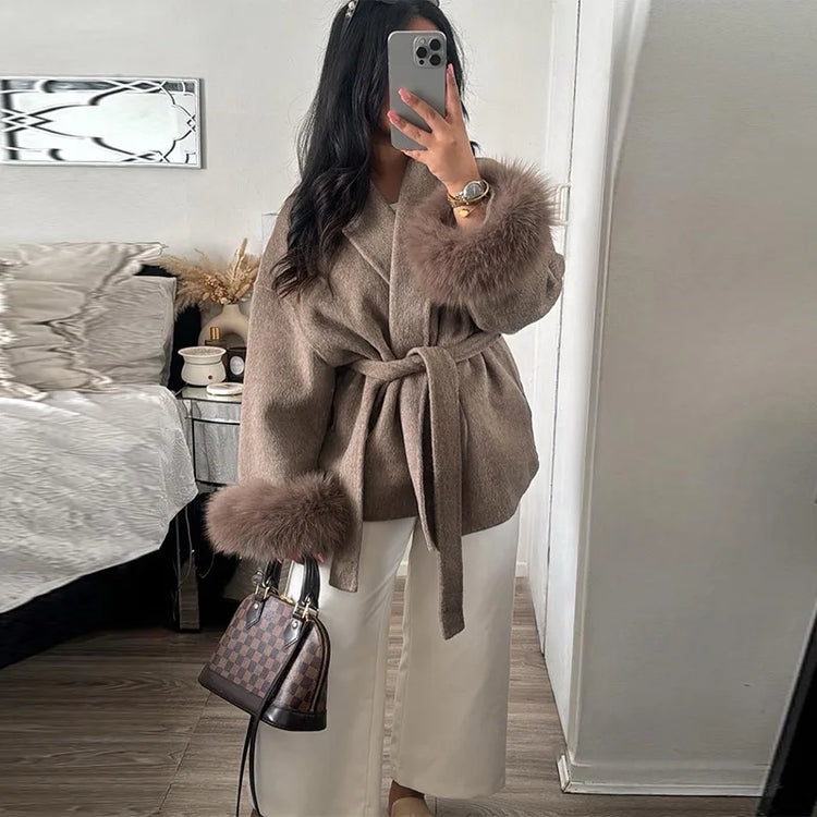 Elegant Women's Lace Up Woolen Coats Solid Full Sleeve Turn-down Collar Loose Lady Coats 2026 Autumn Winter Female Streetwear