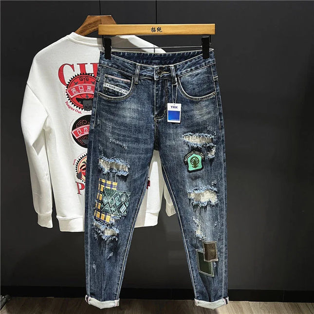2023 Spring and Autumn New Men's Fashion Trend Ripped Patch Small Foot Pants Men's Casual Slim Comfortable High-Quality Jeans PlatiNum