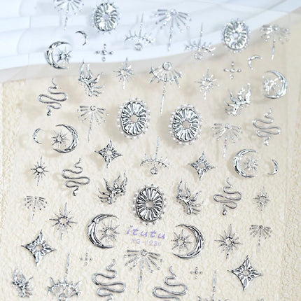 Gold Silver Snake Stars Nail Stickers for Nail Decoation Decals 5D Self-Adhesive Bronzing Stars Moon Totem DIY Supplies Slider