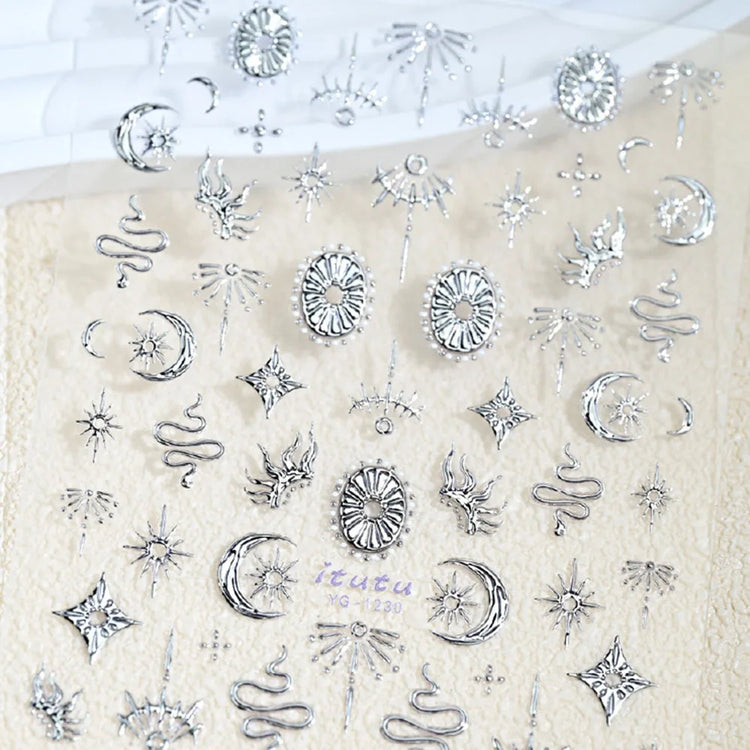 Gold Silver Snake Stars Nail Stickers for Nail Decoation Decals 5D Self-Adhesive Bronzing Stars Moon Totem DIY Supplies Slider