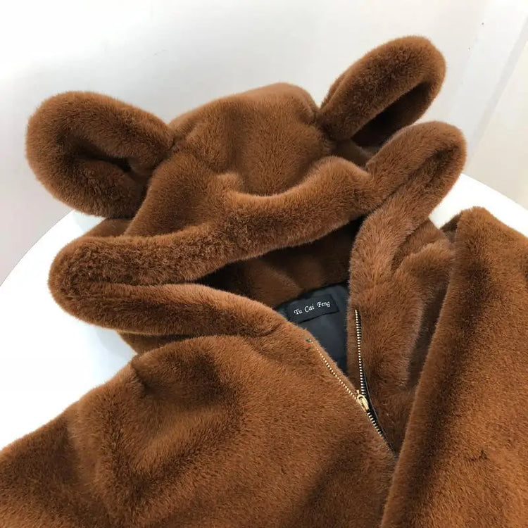 Cosy Loose Faux Fur Coat Womens Faux Fur Fuzzy Hooded Fluffy Ears Surcoat Overcoat Woman Winter Warm Outerwear Snowy Day Wrap