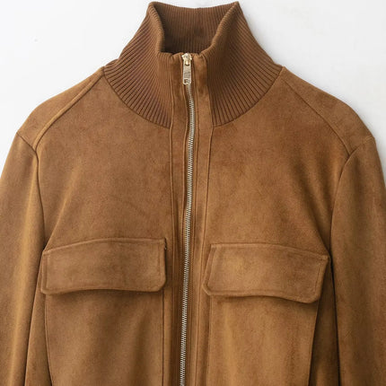 Ladies Short Vintage Faux Suede Autumn Winter Jacket Women Coat Stand-Collar Zip-up Field Trendy Streetwear Chic Jacket Female