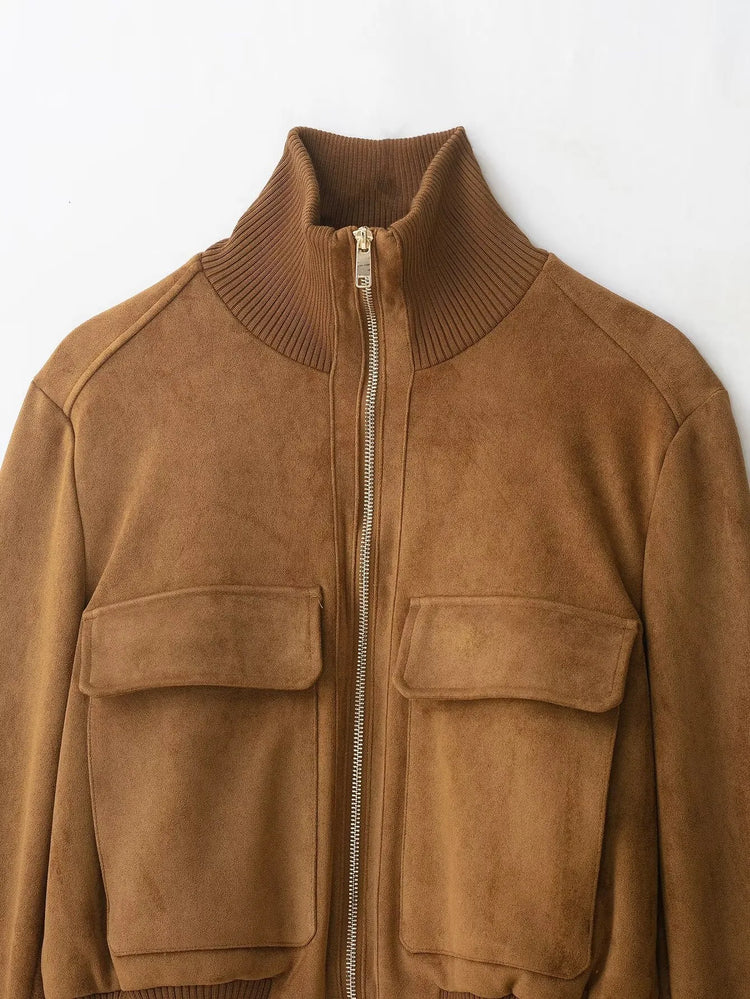 Ladies Short Vintage Faux Suede Autumn Winter Jacket Women Coat Stand-Collar Zip-up Field Trendy Streetwear Chic Jacket Female