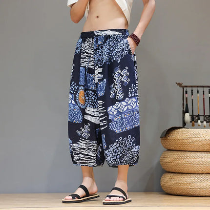 Pantaloncini da uomo estivi Pantaloni larghi casual comodi in cotone Pantaloni tradizionali al polpaccio retrò Pantaloncini traspiranti da uomo Streetwear
