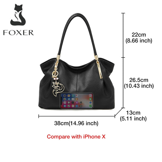 FOXER 2025 New Women's Shoulder Bag Genuine Leather Elegant Female Tote Large Bag Fashion Handbag Commuter Luxury Gift